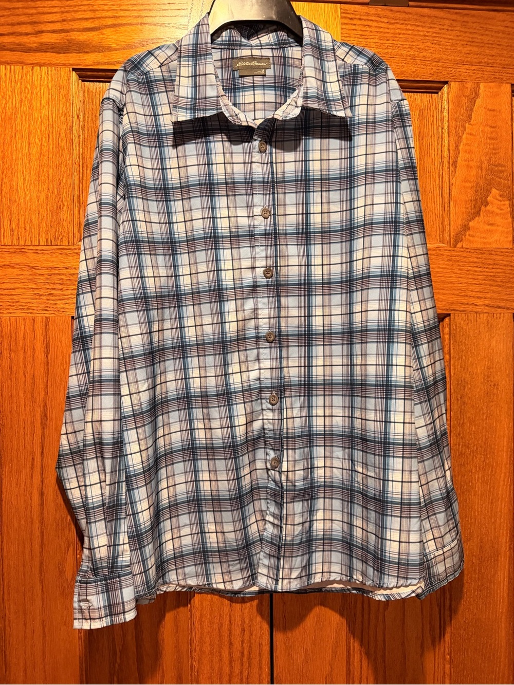 Eddie Bauer Light Blue and Navy Plaid Button-Down Shirt